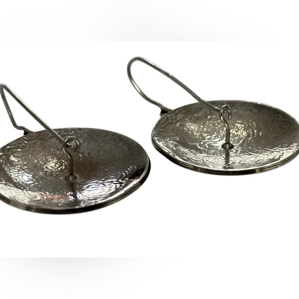 Silver-Tone Engraved Dragon Disc Drop Earrings - Picture 6 of 10